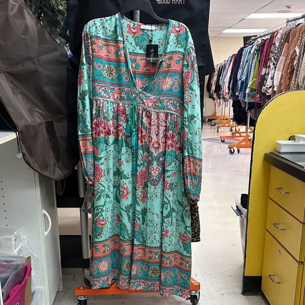 Floral Long Sleeve Dress in Teal and Pink